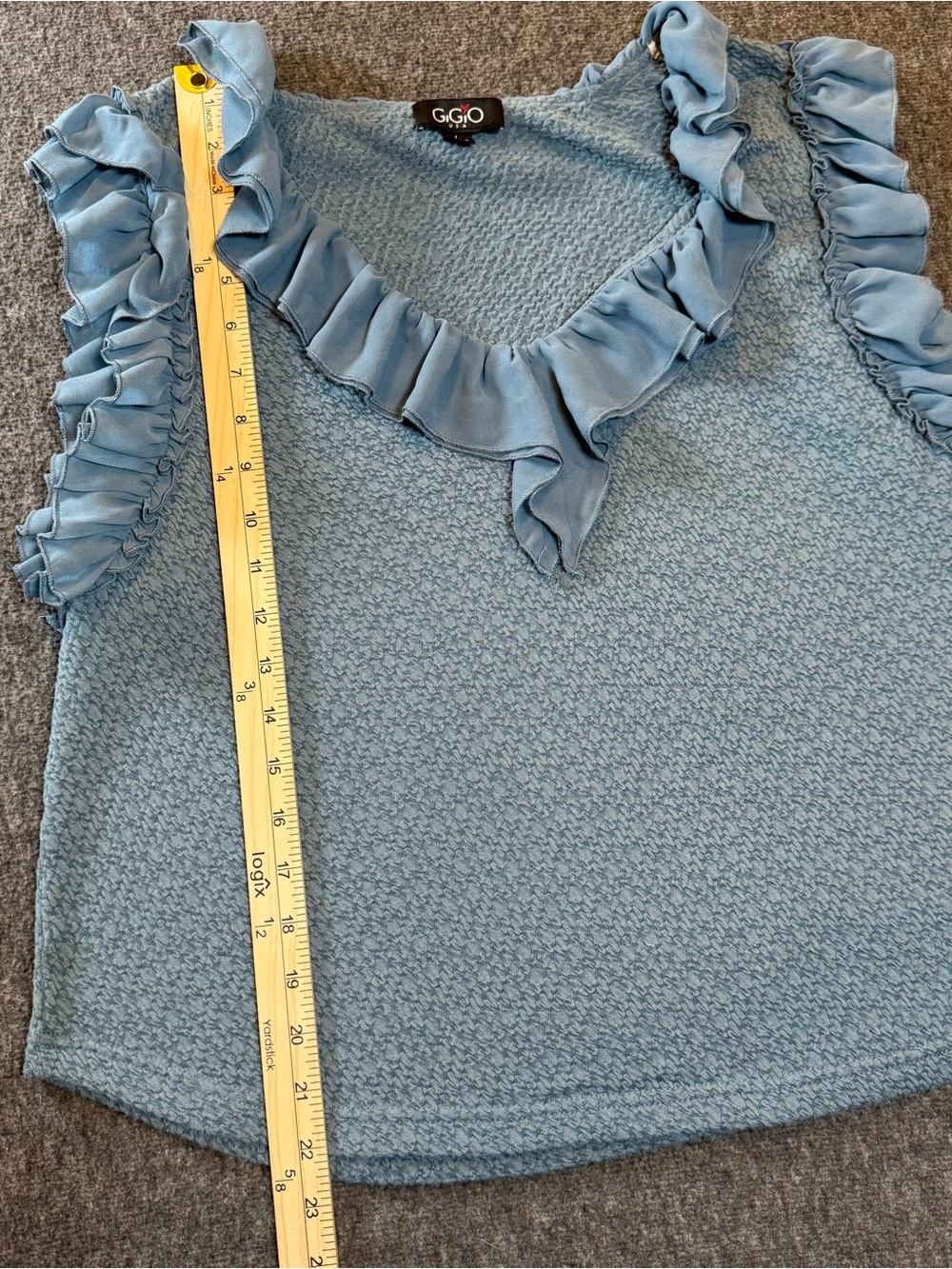 GiGio Women’s Dusty Blue Top Textured Knit Ruffle V-Neck Boutique Blouse Large - Picture 11 of 16